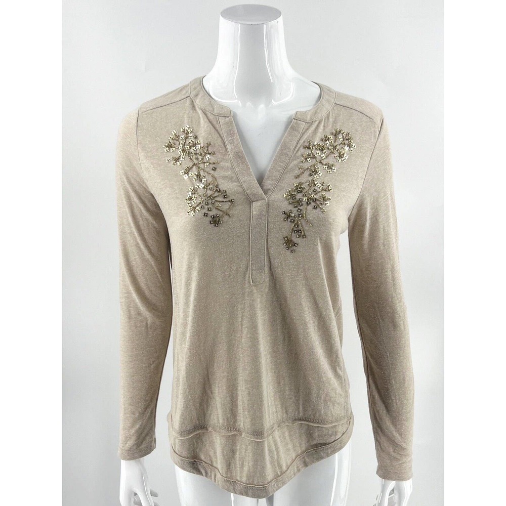 Akemi + Kin Anthropologie Top Size XS Beige Gold Beaded Split Neck Shirt Womens